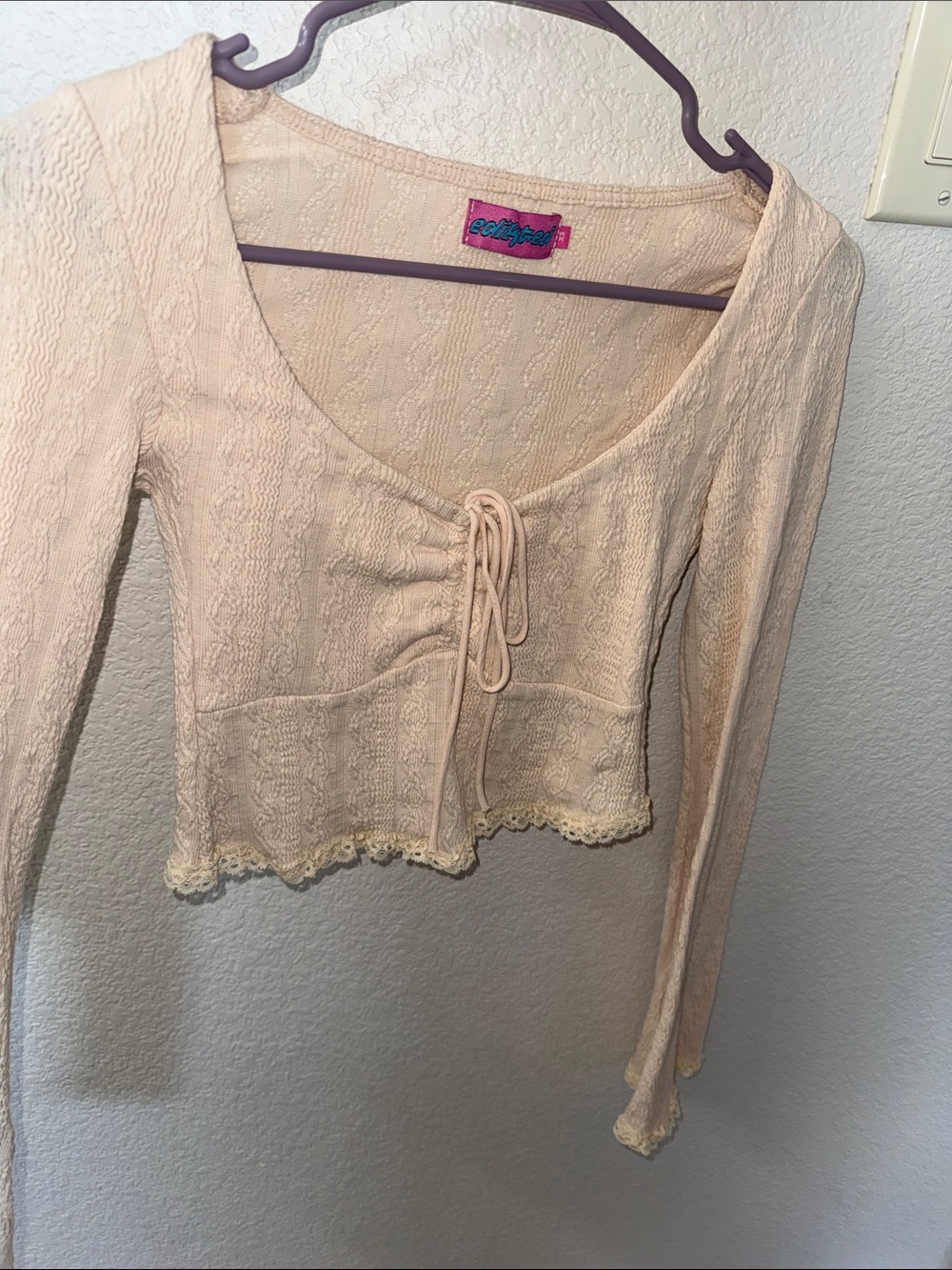 Edikted Cream Lace-Up Long Sleeve Crop Top